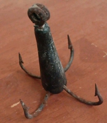 Vintage Large 3-1/2'' Weighted Fishing Hook w/ 4 Hooks and Weight (See Photos)
