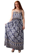Paisley Printed Cut Out Neck Smocked Waist Summer Maxi Dress Navy Orange Large