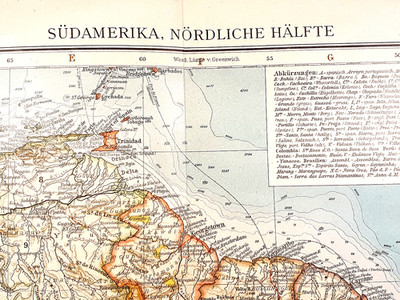 Alte Farb-Lithographie, Südamerika Nördliche Hälfte, 1895, Venezuela,Titicacasee