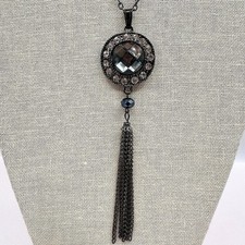 Vintage Y2K Gunmetal Tone Tassel Pendant Necklace Statement Women's Jewelry