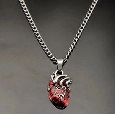 Anatomical Heart Necklace Red Crystal Pendant Punk Gothic Stainless Steel