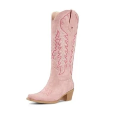  Cowboy Boots for Women Knee High Cowgirl Boots Retro Embroidered Chunky 7 Pink