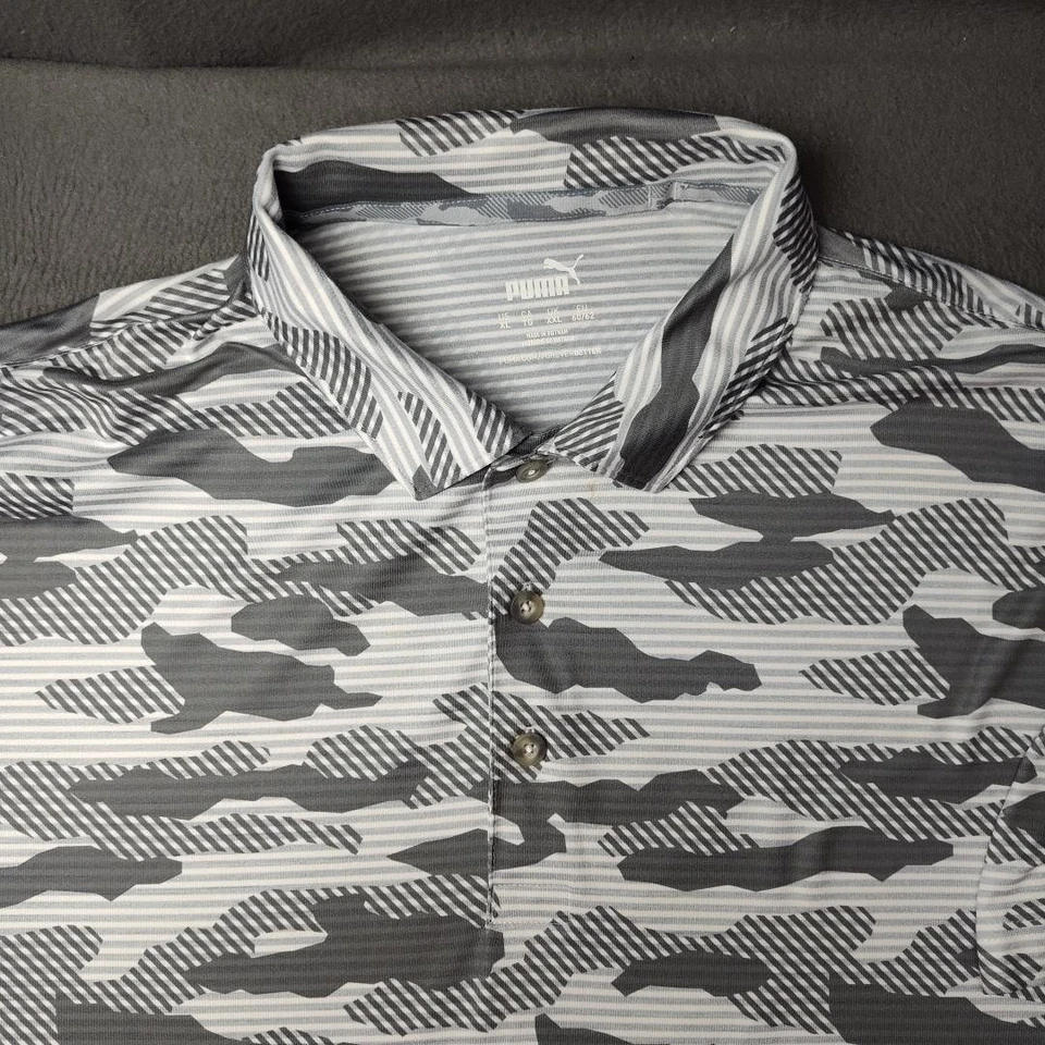 Polo Puma Para Hombre XL Gris Blanco Camuflado Rendimiento Elastizado Golf Manga Corta Foto 3 de 4