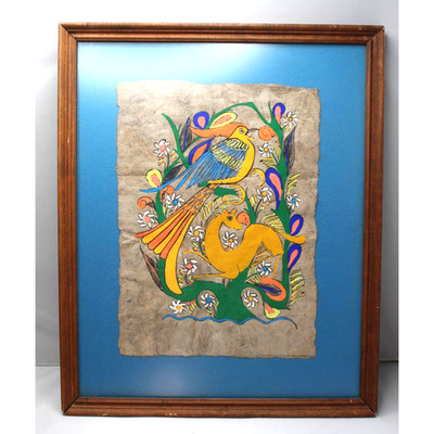 Mexican Amate bark paper art painting psychedelia bird gazelle framed