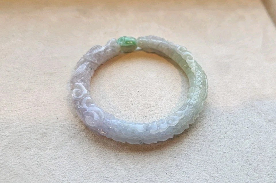 Certified  Natural Burma Grade A Jadeite Jade Bangle Carved Icy Lavender 55 mm - Image 2 of 4