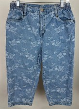 Vintage 90s Denim Capris Womens Medium Floral Jacquard Capri Pants Cottagecore