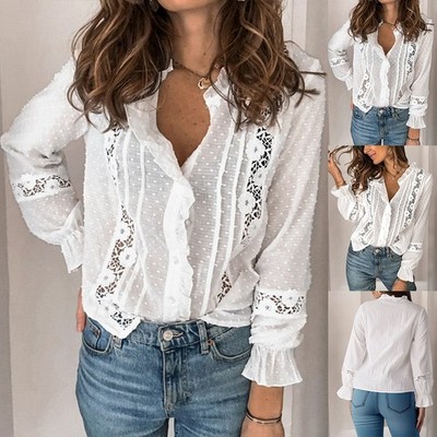 Damen Langarm Spitze Elegant Freizeit Hemd Bluse Oberteile Tunika Blusehemd /*