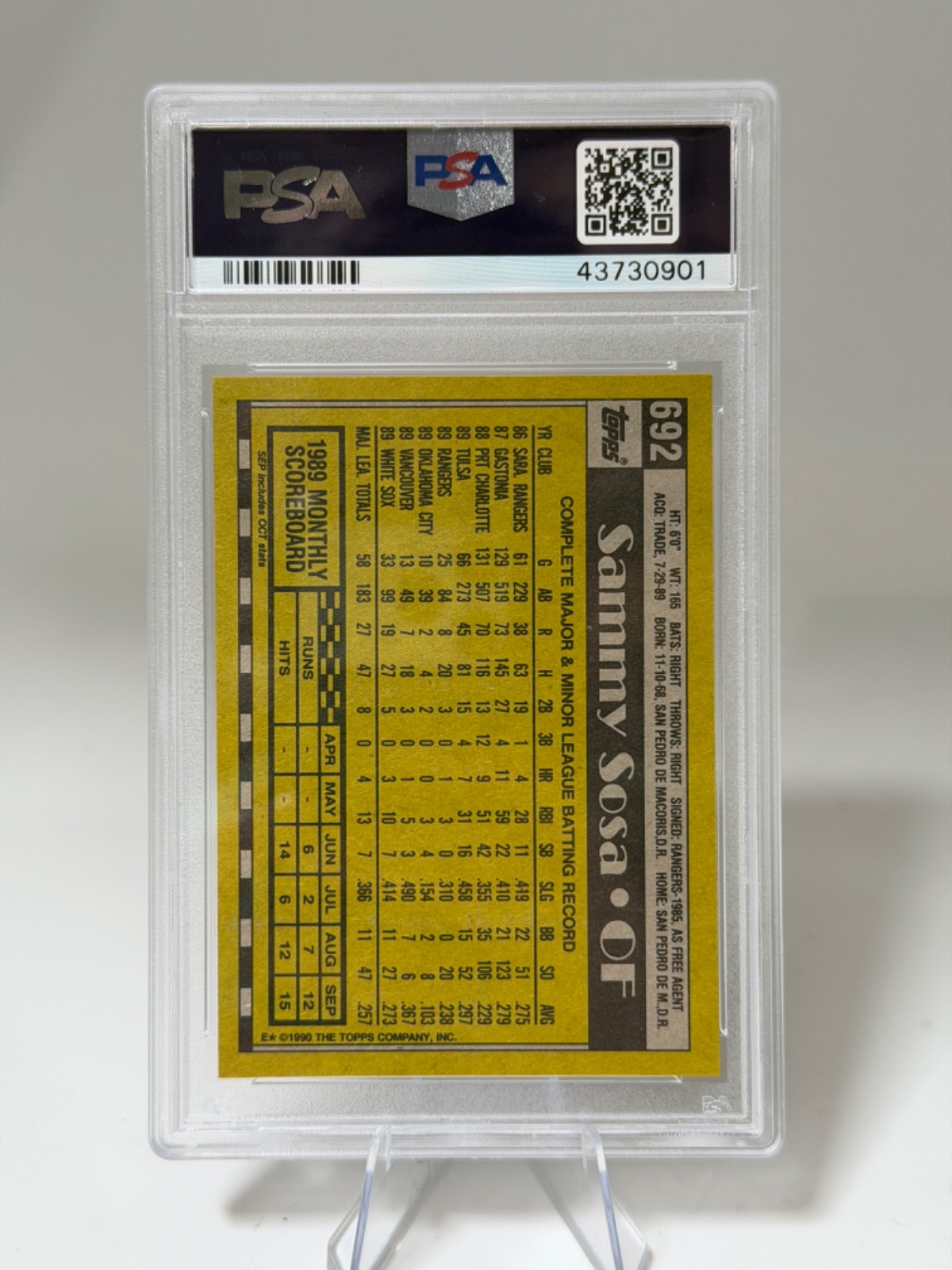 SAMMY SOSA ROOKIE PSA 9 MINT • 1990 TOPPS #692 view 2