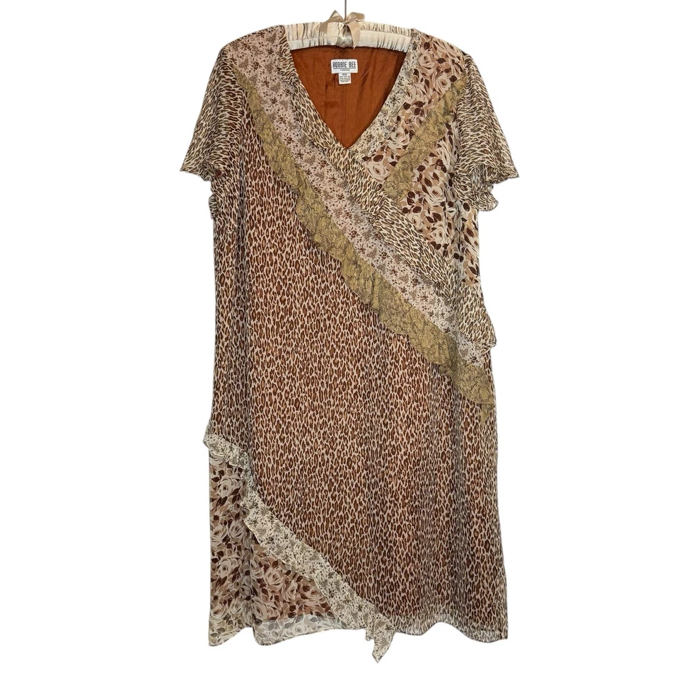 Robbie Bee Vintage Y2K 100% Silk Leopard Print Floral Ruffled Dress Size 18W 2X - Image 2 of 4