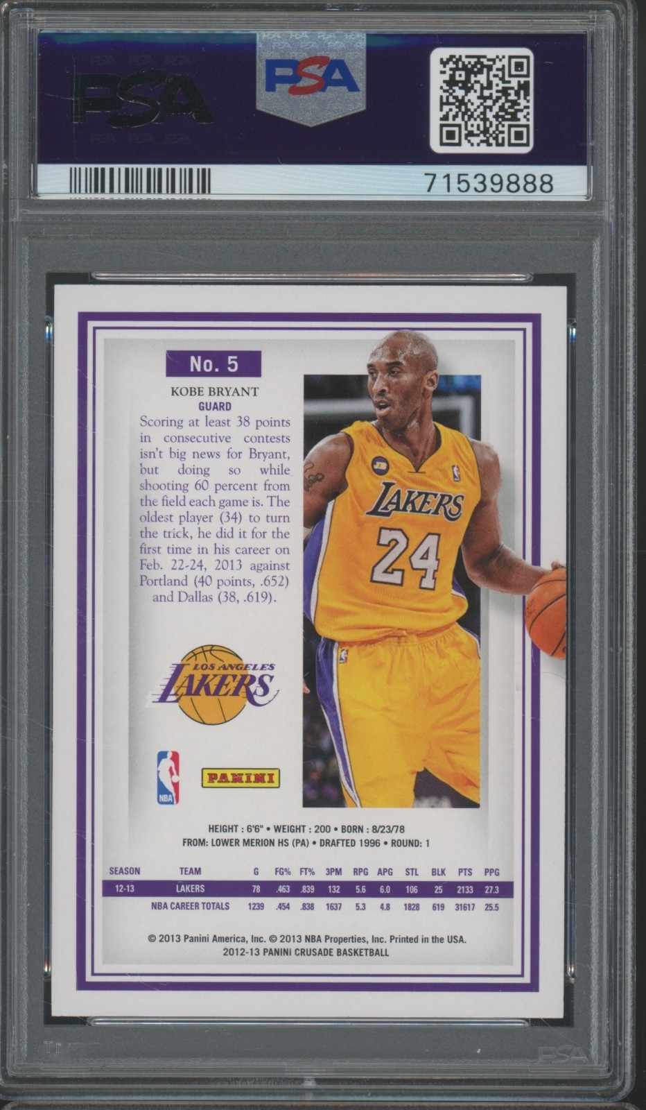 2012 Panini Crusade #5 Kobe Bryant Gem Mint PSA 10 view 2