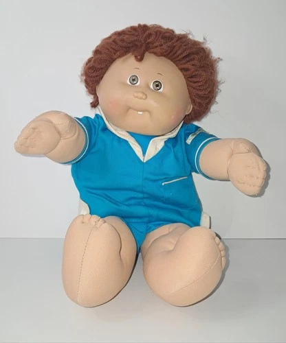 Vintage Cabbage Patch Kids Boy Doll 145 Brown Curly Hair Blue Outfit 16" 1978