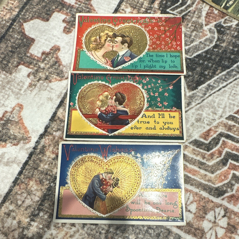 Vintage Valentine's Day Postcard Lot Embossed Gold Heart & Couple Designs