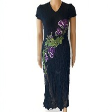 VTG American Angel Mid Dress Floral Mesh Crinkle Black Romantic Goth Split M