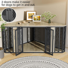67" Corner Wooden Dog Crate Furniture with Diamond Metal Decoration, Pet Kenn...