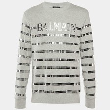 Balmain Grey Metallic Logo Print Cotton Crew ...