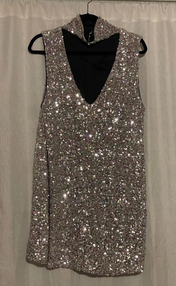 Nasty Gal Silver Sequin Sleeveless Party Dress with High Neck and Pearl Closure - Image 2 of 4