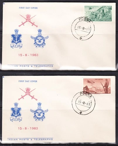 INDIA 1963 HONORING THE ARMED FORCES SCOTT 374-375 FDC FIRST DAY COVERS UNUSED
