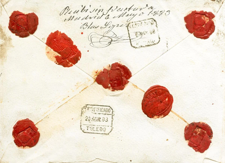 España. Alfonso XII. SOBRE  210(5), 204(3). 1883. 15 cts naranja, cinco sellos  - Imagen 2 de 2