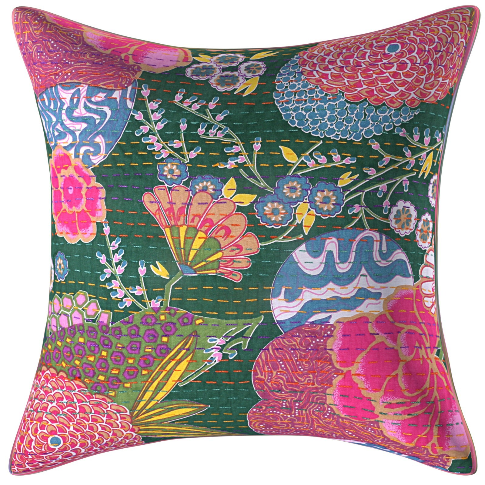 Indian Kantha Cushion Cover Green Floral Print Square Pillowcase 16'' Sofa Decor
