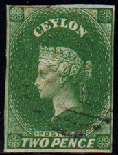 CEYLAN 1857 Victoria 2 pence vert wmk. étoile SG.3 d'occasion - F894