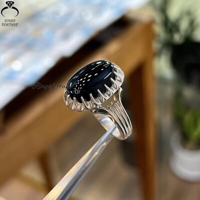 Natural Black Yemeni Aqeeq Ring Genuine Agate Stone Men's Silver