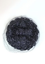 Vintage Pillbox Hat Dark Blue Shiny Raffia Straw Tulle Netting Cap Fascinator
