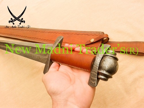 38" DAMASCUS CROSS XXXXX FISH BONE STYLE SEW LEATHER HANDLE VIKING SWORD - 第 2/7 張圖片