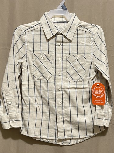 New Wonder Nation Button-Down Shirts Boys Size XS (4-5) Flannel Check Beige - Picture 2 of 9