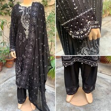 Pakistani Black Straight Style Embroidered Sequins 3pcs Chiffon Dress,Large