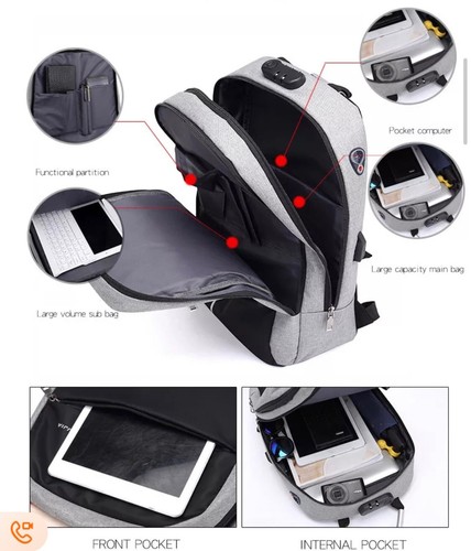Carryon Backpack 3 Zipped Divides W/ USB Charge Port, Lock, Laptop Slip, Travel - Picture 2 of 4
