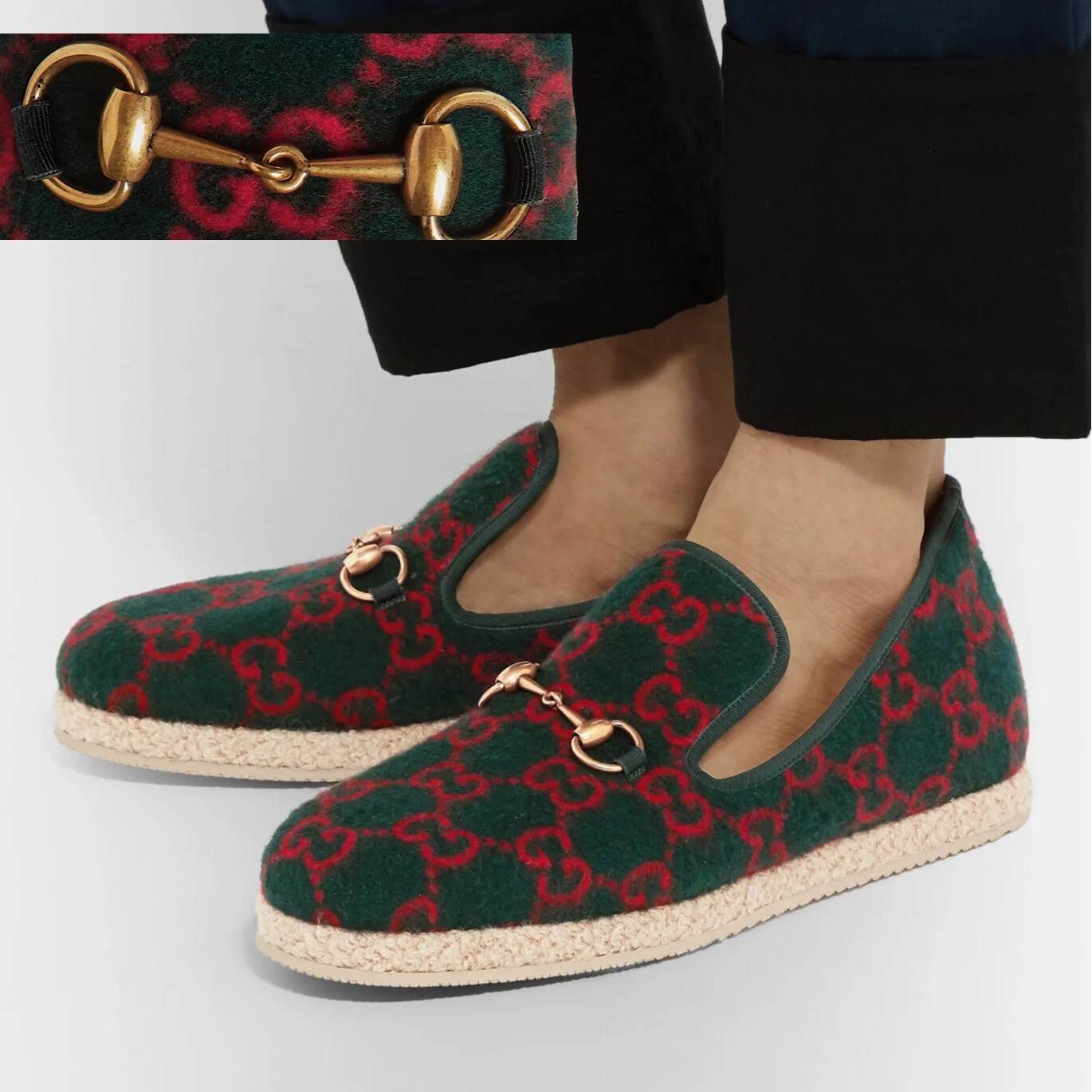 CHAUSSURES GUCCI MOCASSINS HOMME FRIA GG LAINE MARINO SHEARLING HORSEBIT taille 7 / 7,5
