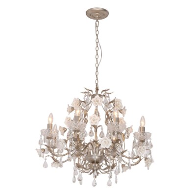 Antique Silver 8-Light Floral Crystal Chandelier for Dining & Living Rooms