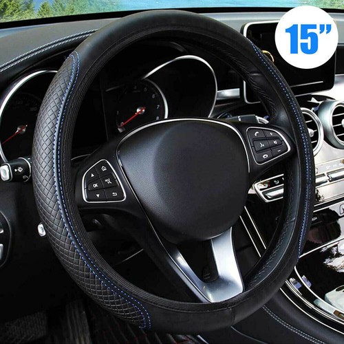 15"/38cm PU Leather Auto Car Steering Wheel Cover Anti-slip Protector Black&Blue - Picture 4 of 12