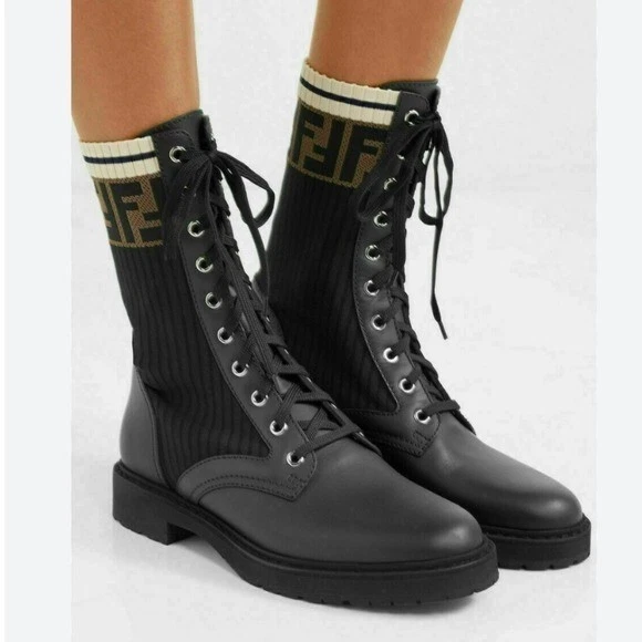Botines de combate Fendi logo Rockoko cuero y punto logo talla 35.5 Foto 2 de 4