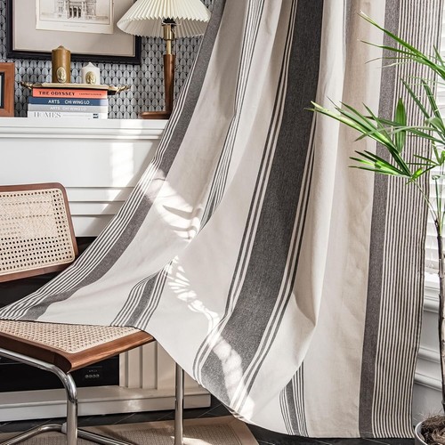 Rideaux de fenêtre à rayures semi transparentes pour salon - Lot de 2 panneaux style ferme