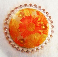 Customized Hand-Decorated Round COASTER Collage Under Glass, Orange Flowers Gold