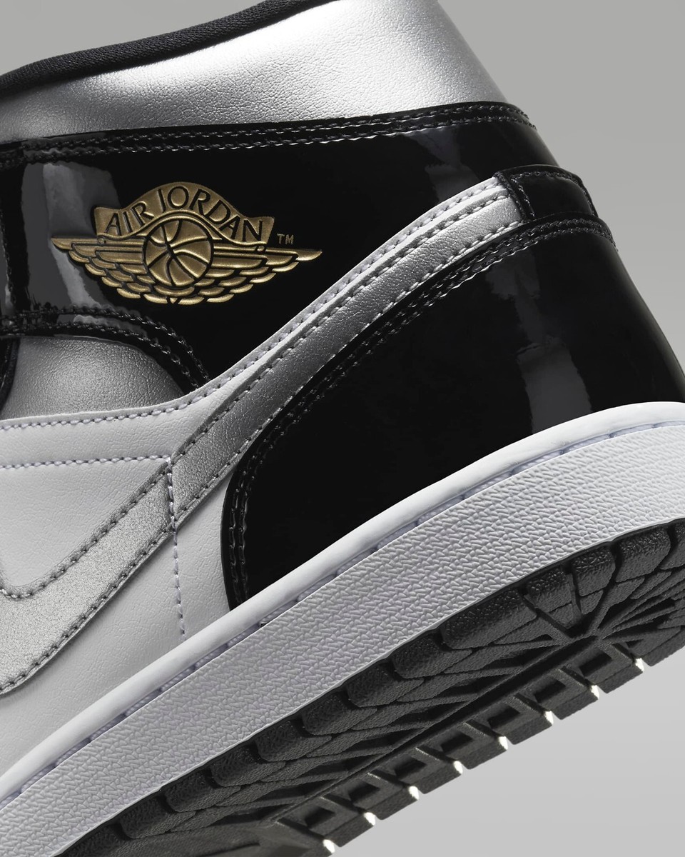 Nike Air Jordan 1 Mid Black Patent Gold Silver HV0789-010 US Nike Air Jordan 1 Mid Black Patent Gold Silver HV0789-010 US