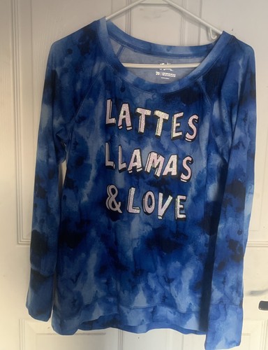 JUSTICE GIRLS 20 LONG SLEEVED TEE T TOP SHIRT BLUE TYE DYE LATTES LLAMAS & LOVE