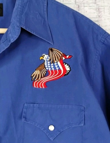 High Noon Men's Blue Western Short Sleeve USA Eagles Pearl Snap Shirt Size Large - Picture 13 of 19