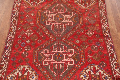 Red/ Ivory Traditional Geometric Wool Rug 4x5 ft Hand-knotted Vintage Carpet - Picture 4 of 19