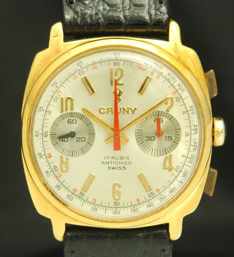 CAUNY PRIMA Chronograph GOLD Men's WATCH Valjoux 7733 17J SWISS VTG 36mm 97 5883