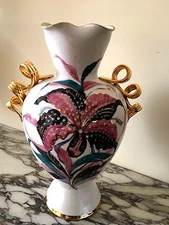 Vintage Italy Porcelain 14" Art Vase Double gold handles, #297/4751 Signed Paul'