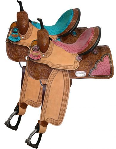 double t barrel saddle with pink or teal alligator print seat &