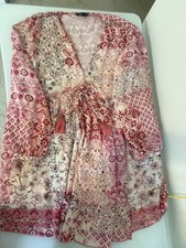 Zara Women Pink/White Floral V-Neck Long Sleeve Tie Mini Dress Size L