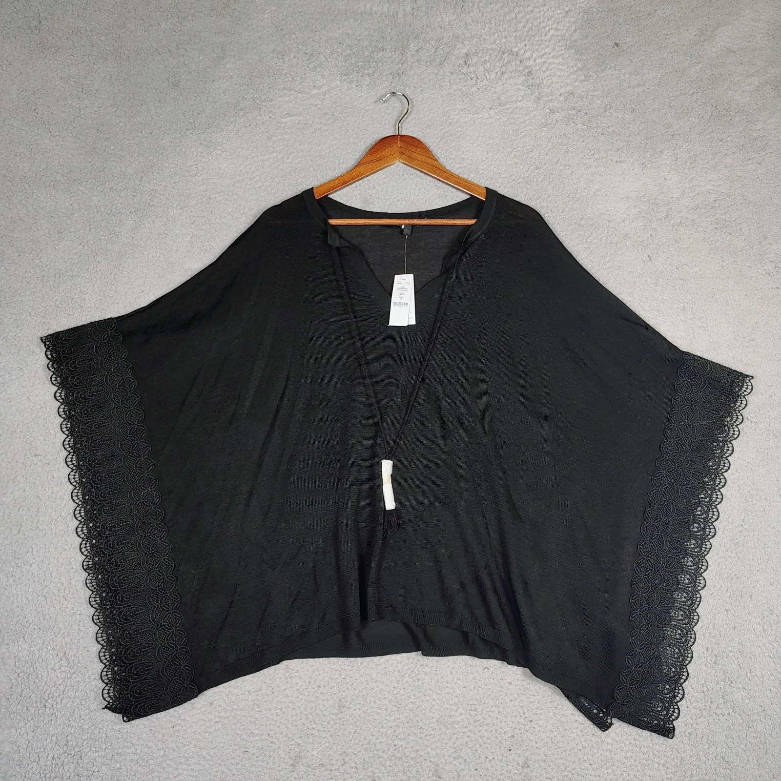 White House Black Market Poncho Women's S Black Open Knit Tassel-Tie Sweater NWT