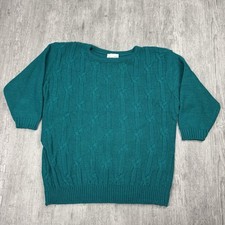 VTG 80S JESSICA COLE ELEGANT CABLE KNIT 3/4 SLEEVE USA ACRYLIC SWEATER TEAL L