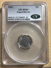 1955 S CAC MS65 Silver 90% Roosevelt Dime 10c Light Toning!