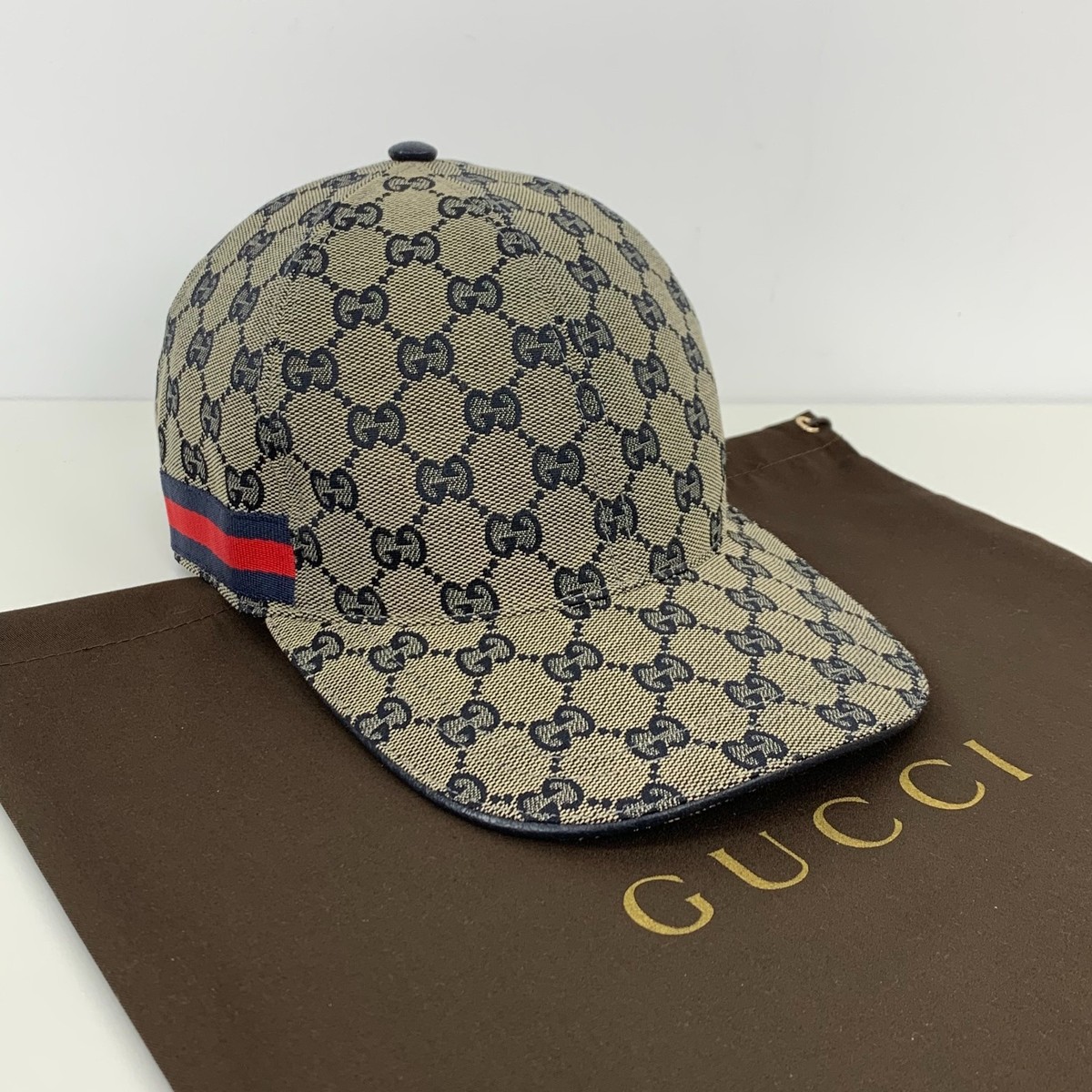 Gucci GG Monogram Web Stripe Canvas Baseball Cap Head Hat Gray