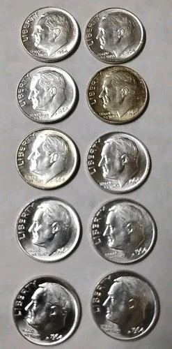 Lot of 10 90% Silver 🔥Roosevelt Dimes🔥 1964 P AU/BU $1 Face #1