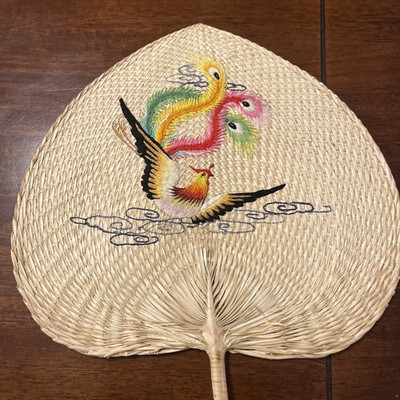 Vintage Heart Shape Hand Woven Quail Bird Hand Fan
